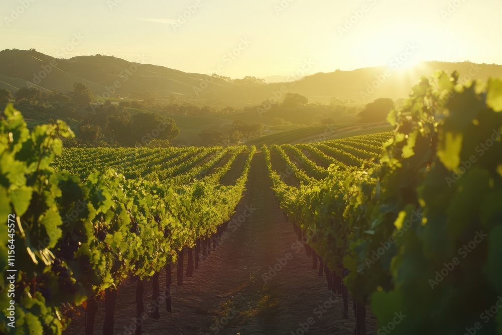 Fototapeta premium Golden hour vineyard with grapevines, ripe grapes, and sunlight filtering