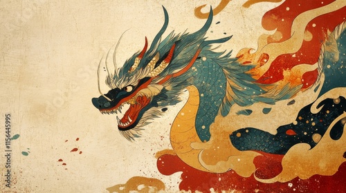 Colorful illustration of a traditional Asian dragon with dynamic motion and vibrant colors on a textured background. photo