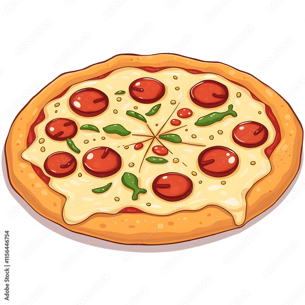 A freshly baked pizza with melting cheese, toppings like pepperoni and vegetables. png isolated background. transparent background. A freshly baked pizza with melting cheese, toppings like pepperoni and vegetables. png isolated background. transparent background.