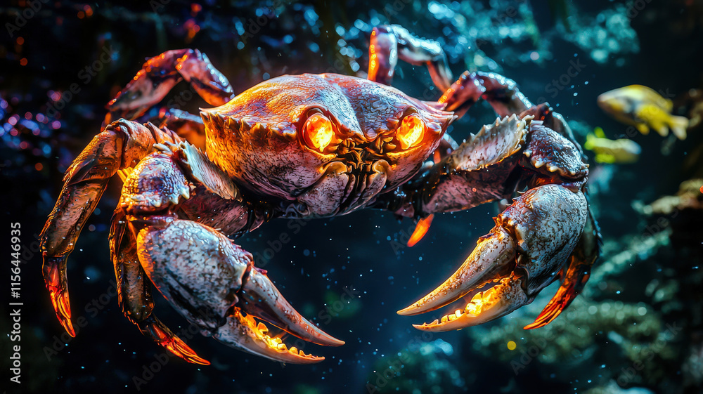 A massive mutated crab creature with glowing pincers emerges menacingly from the ocean’s depths, showcasing its monstrous form and bioluminescent features against a dark, mysterious underwater backdro A massive mutated crab creature with glowing pincers emerges menacingly from the ocean’s depths, showcasing its monstrous form and bioluminescent features against a dark, mysterious underwater backdro