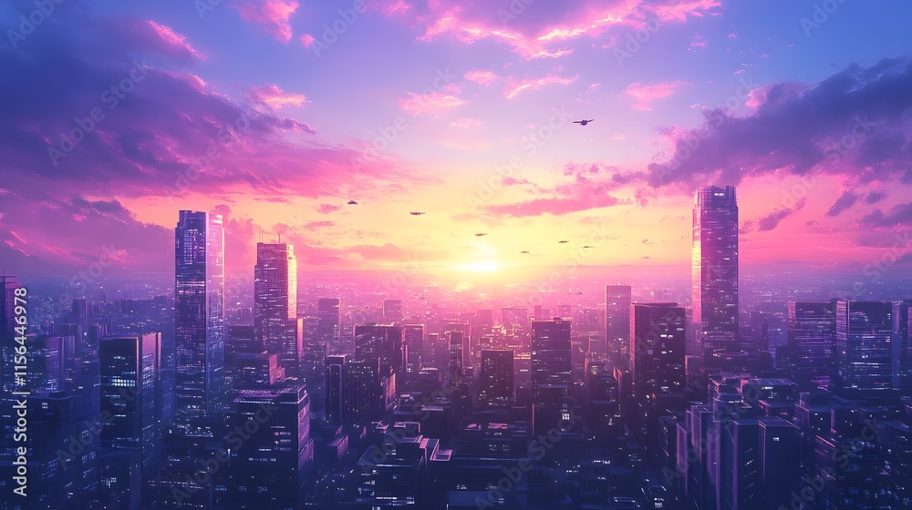 Fototapeta premium Futuristic Cityscape at Sunset with Flying Vehicles