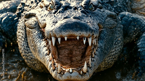 Close-up of a menacing crocodile with its jaws wide open, revealing sharp teeth.  The reptile's textured skin and intense gaze create a dramatic and powerful image.