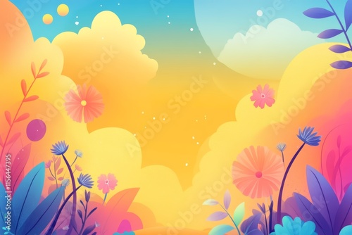 A colorful background with a sky and flowers. The flowers are in various colors and sizes. The sky is blue and has some clouds