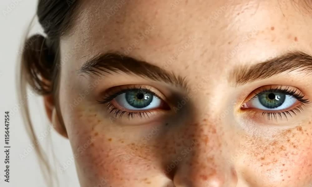 Close-up portrait of a young person with freckles and bright eyes. Close-up portrait of a young person with freckles and bright eyes.
