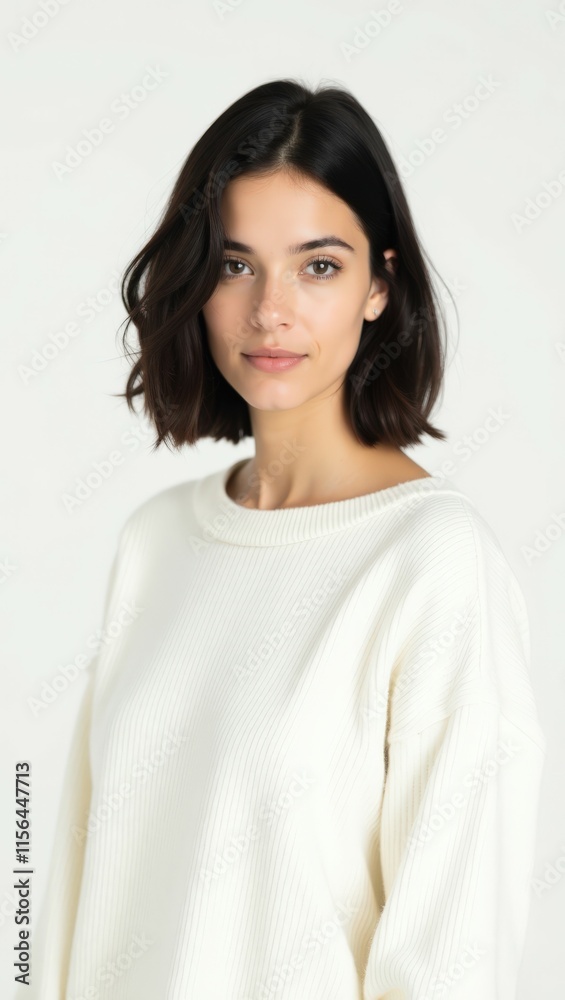 Woman wearing a cozy white sweater against a plain white background, showcasing minimalist fashion, ideal for winter themes. Woman wearing a cozy white sweater against a plain white background, showcasing minimalist fashion, ideal for winter themes.