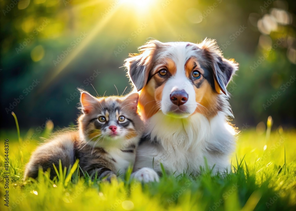 Adorable Aussie Puppy & Cat Friends on Green Grass - Cute Pet Photo Adorable Aussie Puppy & Cat Friends on Green Grass - Cute Pet Photo