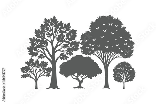 Various Deciduous Trees Silhouettes Vector Illustration