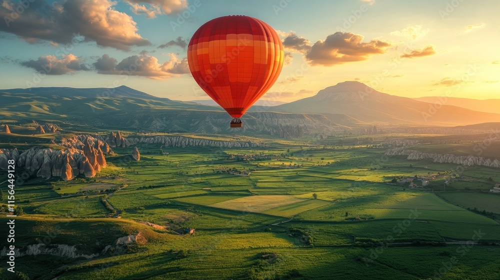 Obraz premium A vibrant hot air balloon floats over a lush green landscape at sunset.