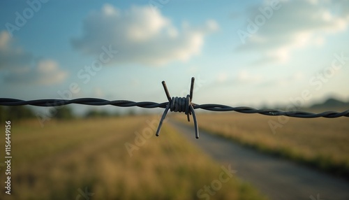 Close-up of barbed wire with a blurred field background, symbolizing boundaries
 photo