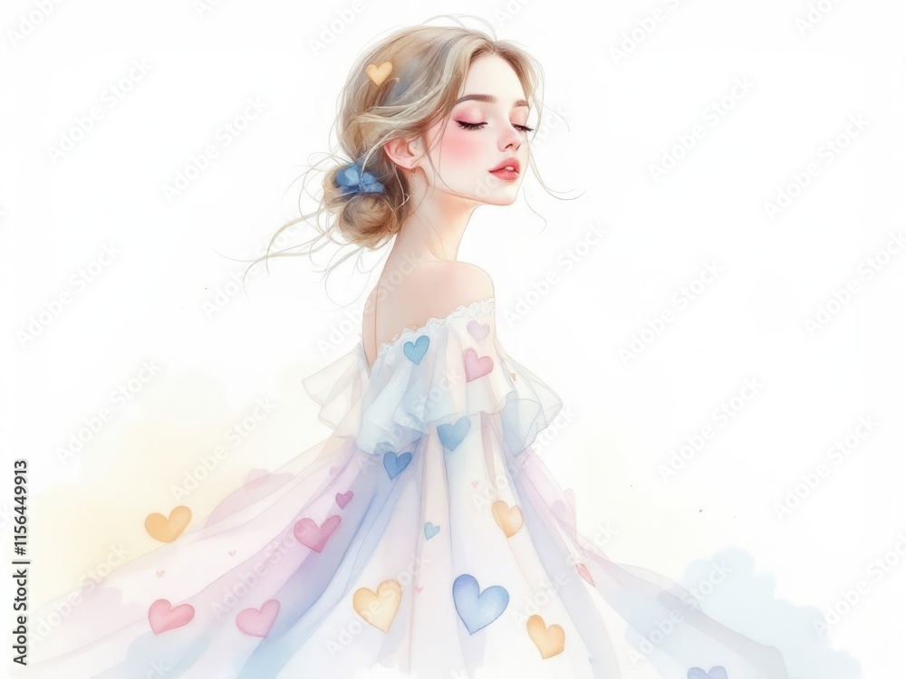 Girl with floral dress. For spring themes, fashion design, gentle illustrations, whimsical. Girl with floral dress. For spring themes, fashion design, gentle illustrations, whimsical.