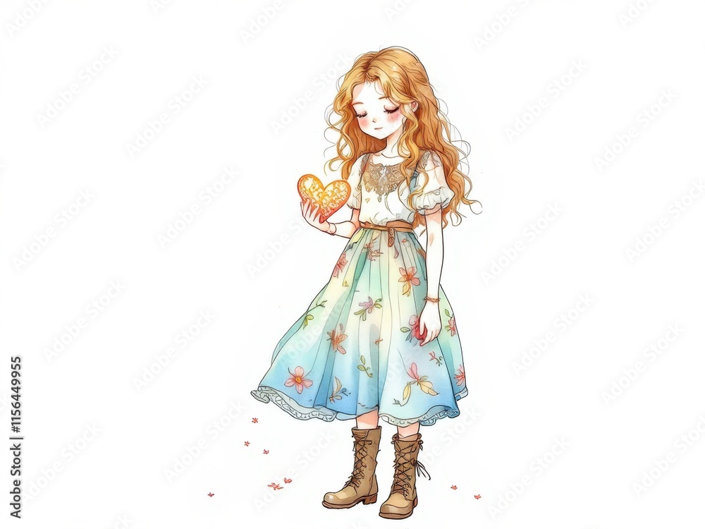 Girl in floral dress. For spring design, nature themes, whimsical illustration, gentle, beautiful. Girl in floral dress. For spring design, nature themes, whimsical illustration, gentle, beautiful.
