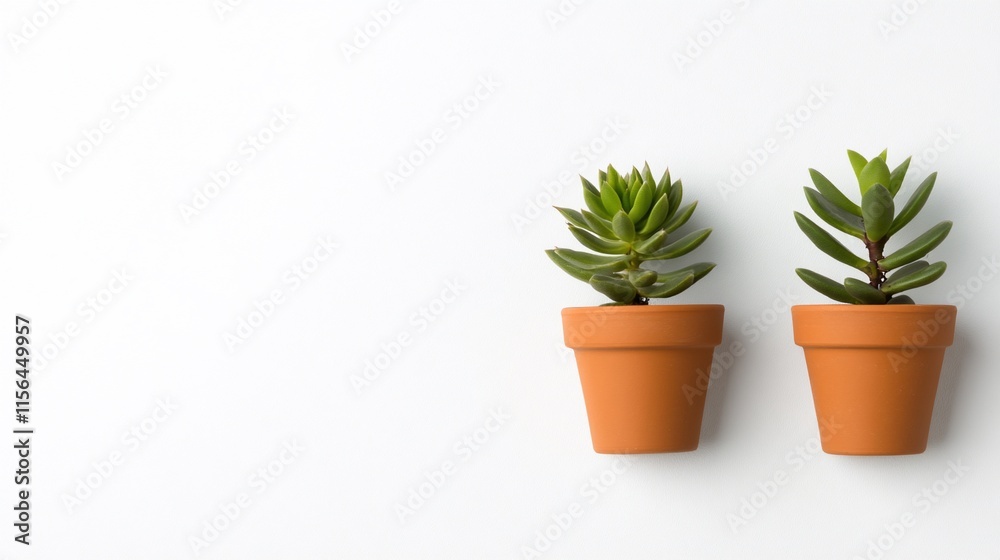 Fototapeta premium Two potted succulents on a white background.