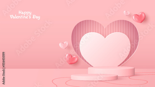 Celebrate Valentine’s Day with a charming podium design adorned with heart shapes. Perfect for showcasing products, cosmetics, advertisements, or awards on a soft pink background. Vector illustration.