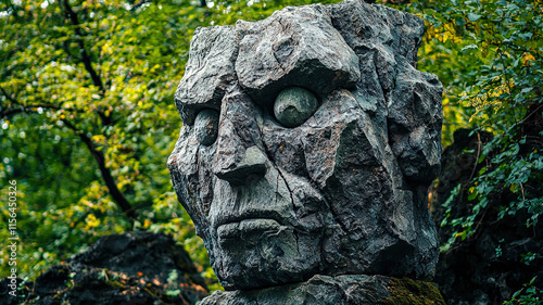 A massive rock golem rises from the earth, its body composed of rugged stone, with eyes glowing in ancient magic. This mystical guardian embodies the power of nature and ancient lore. photo