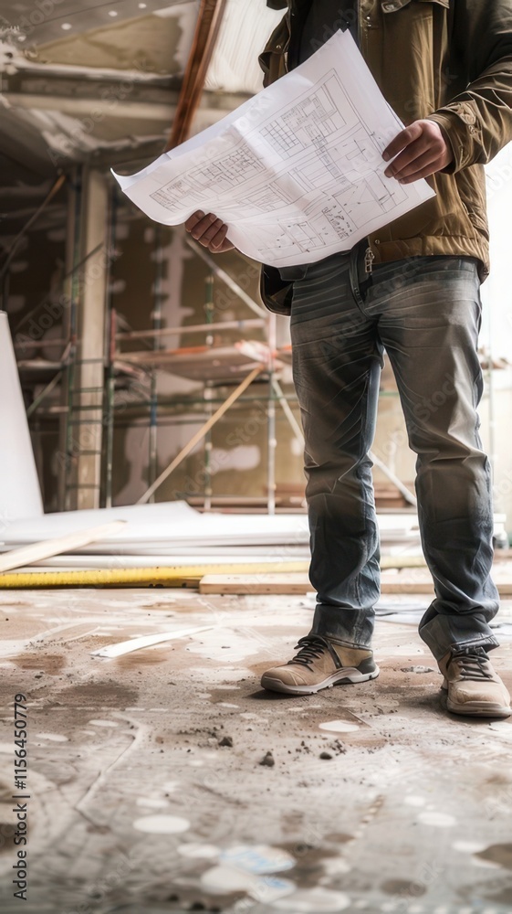 Architect working on blueprint at construction site. Construction engineer working on blueprint.