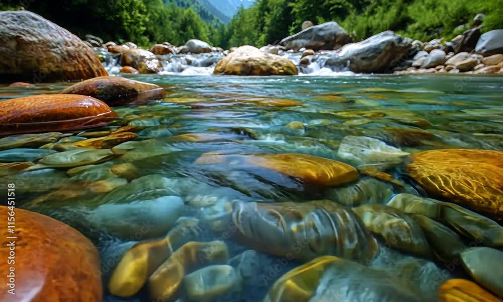 Clear river water with colorful stones and pebbles beneath.