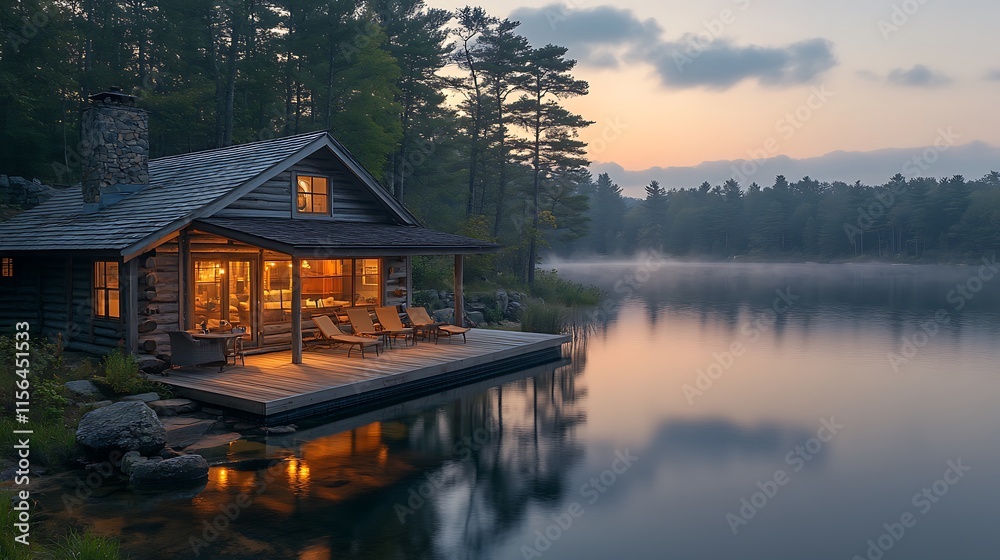 Fototapeta premium Log Cabin Lakeside Sunset Serene Peaceful Escape