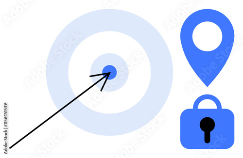 Arrow hitting the center of a target, blue location marker, and a lock symbol in minimalist vector style. Ideal for goals, security, location, precision, and achievement themes