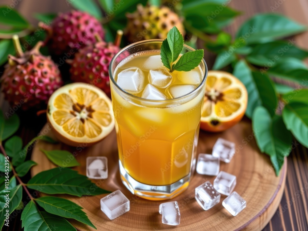 Fototapeta premium Refreshing Iced Tropical Fruit Drink with Ice Cubes