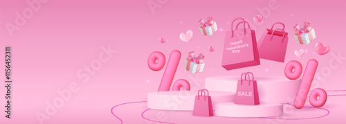 Valentine's day banner featuring a pink gift box, shopping bag, discount balloon and product display podium. Social media template, discount sale promotion, greeting card, voucher web.