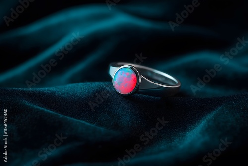 Ring jewelry, trendy and unique concept: Minimalist silver ring with a floating opal on a black velvet backdrop.