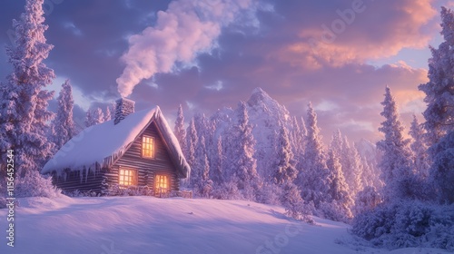 Winter wonderland with cozy cabin and snow-covered pine trees