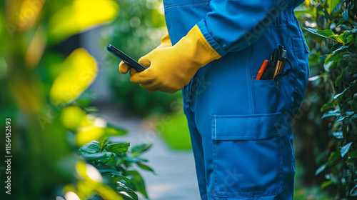 professional landscaper in uniform using their phone to access the internet. Outdoors. Bright and colorful with blue and grey. Construction Worker Using Smartphone