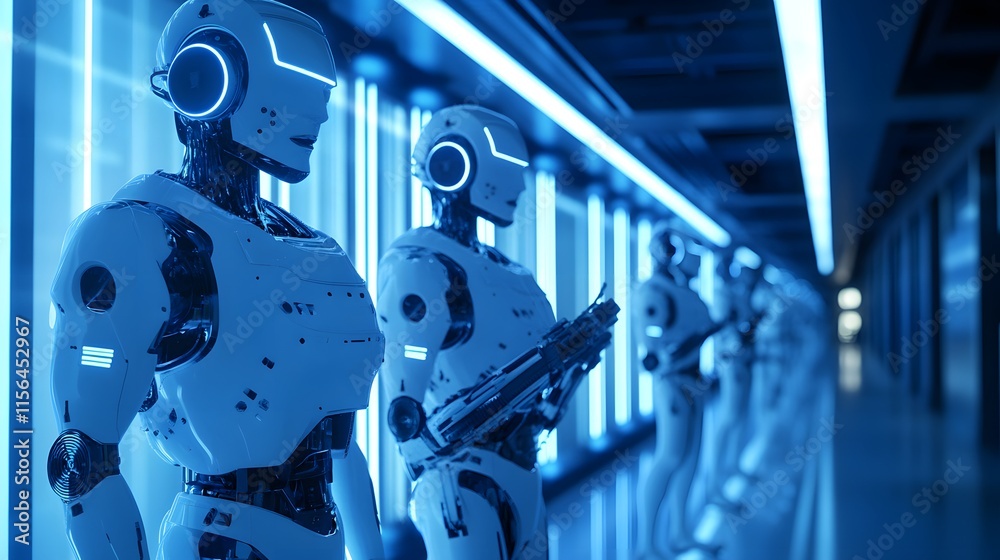 Fototapeta premium Advanced Robots Stand in a Futuristic Corridor
