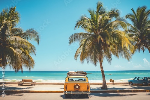 Yellow Van Tropical Beach Vacation Summer