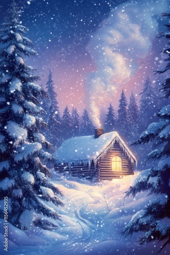 Winter wonderland with cozy cabin and snow-covered pine trees