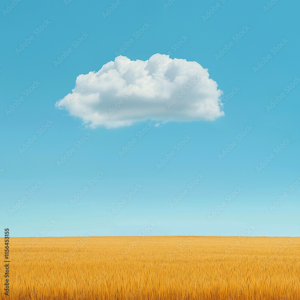 A small cloud floats over the horizon in the blue sky above a wheat field. A small cloud floats over the horizon in the blue sky above a wheat field.
