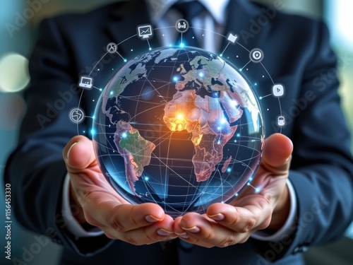 Global Network Connection Businessman Holding Earth Digital World Technology Internet