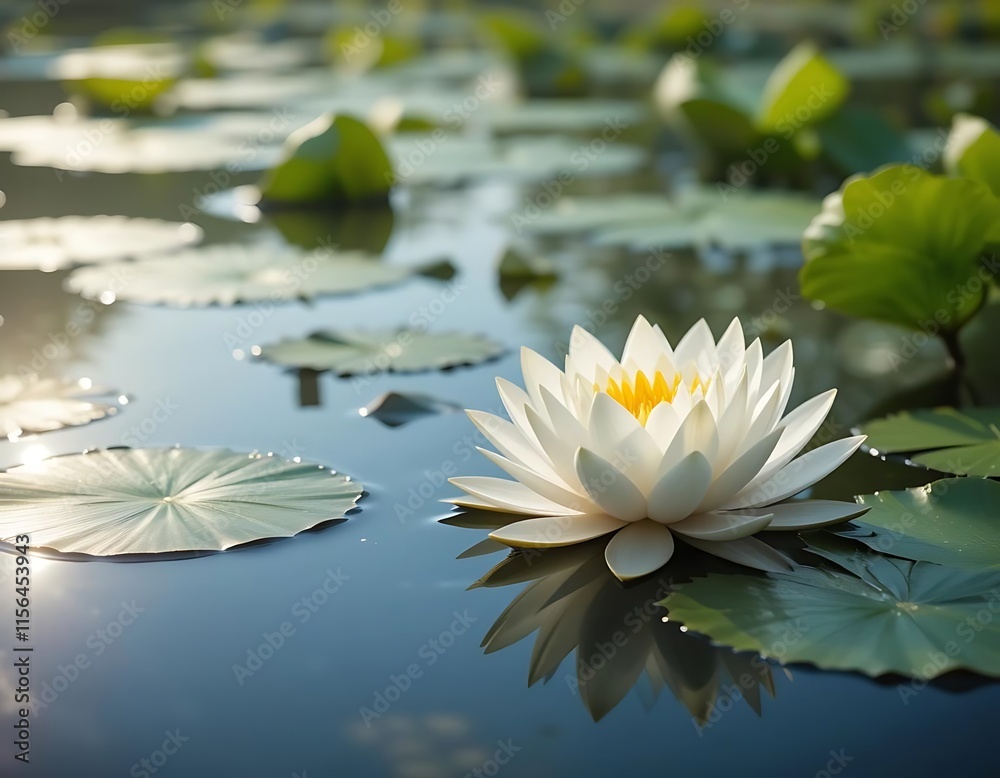 White Water Lily Blossom Floating Serene Pond White Water Lily Blossom Floating Serene Pond