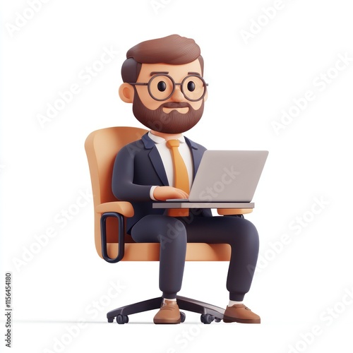 A businessman in a meeting, holding a laptop. vector style art 3d illustration Isolated on White Background 