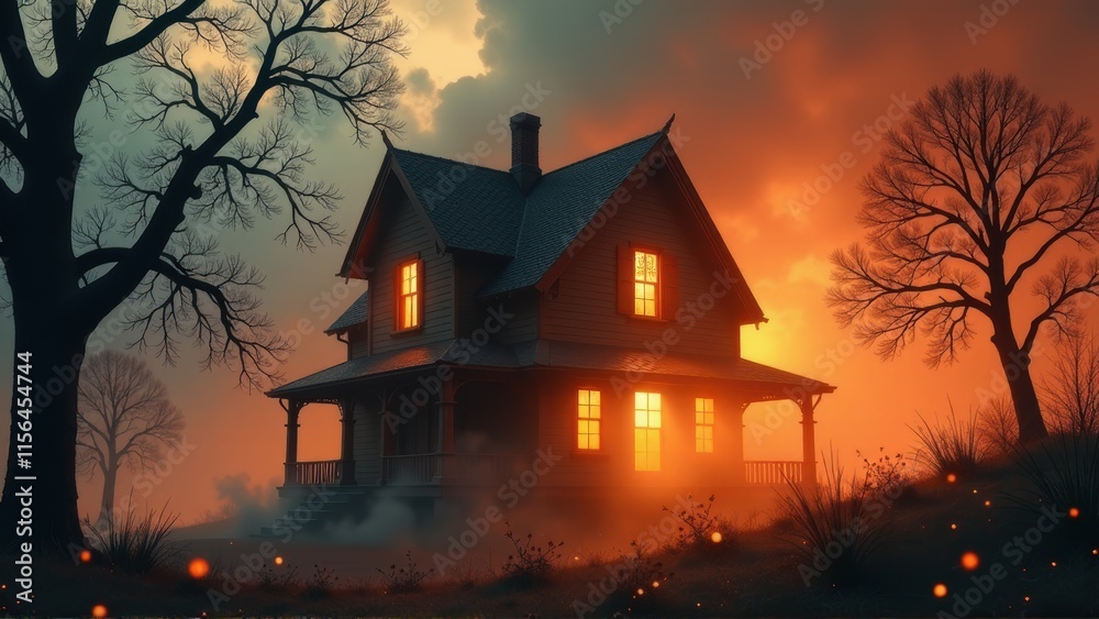 Mysterious Victorian House at Sunset