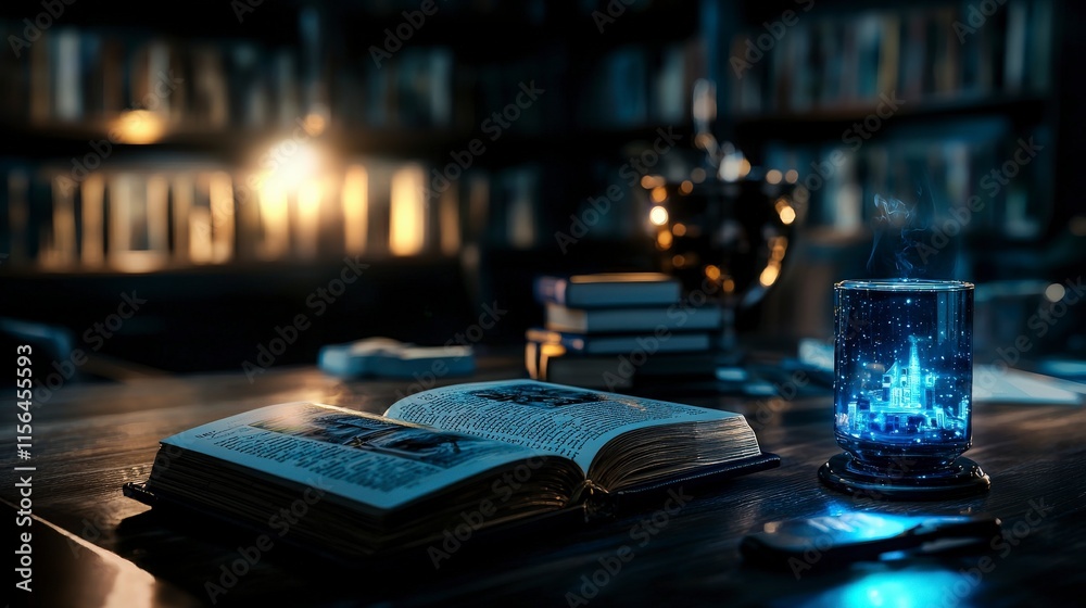 Enchanting reading experience for book lovers cozy library fantasy scene calm atmosphere magical glow Enchanting reading experience for book lovers cozy library fantasy scene calm atmosphere magical glow