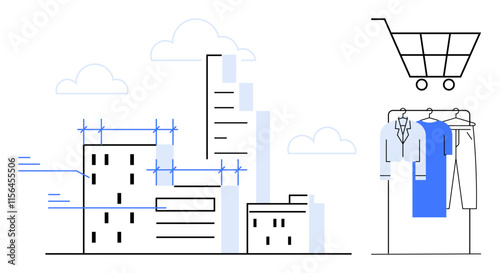 Skyscrapers under construction with scaffolding and cranes beside a shopping cart and clothing rack. Ideal for urban development, construction, e-commerce, retail, architecture, shopping