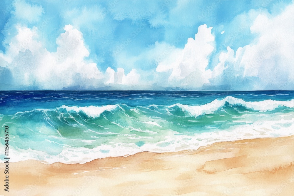 Fototapeta premium A painting of a beach with a large wave crashing into the shore. The sky is blue and the water is blue. The mood of the painting is calm and peaceful