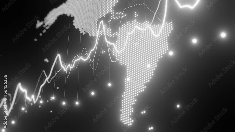Digital map of South America with white glowing data points and line graphs. Futuristic financial analytics and global business concept. 3D rendering for technology and investment themes