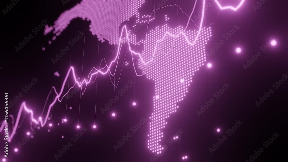 Digital map of South America with pink glowing data points and line graphs. Futuristic financial analytics and global business concept. 3D rendering for technology and investment themes