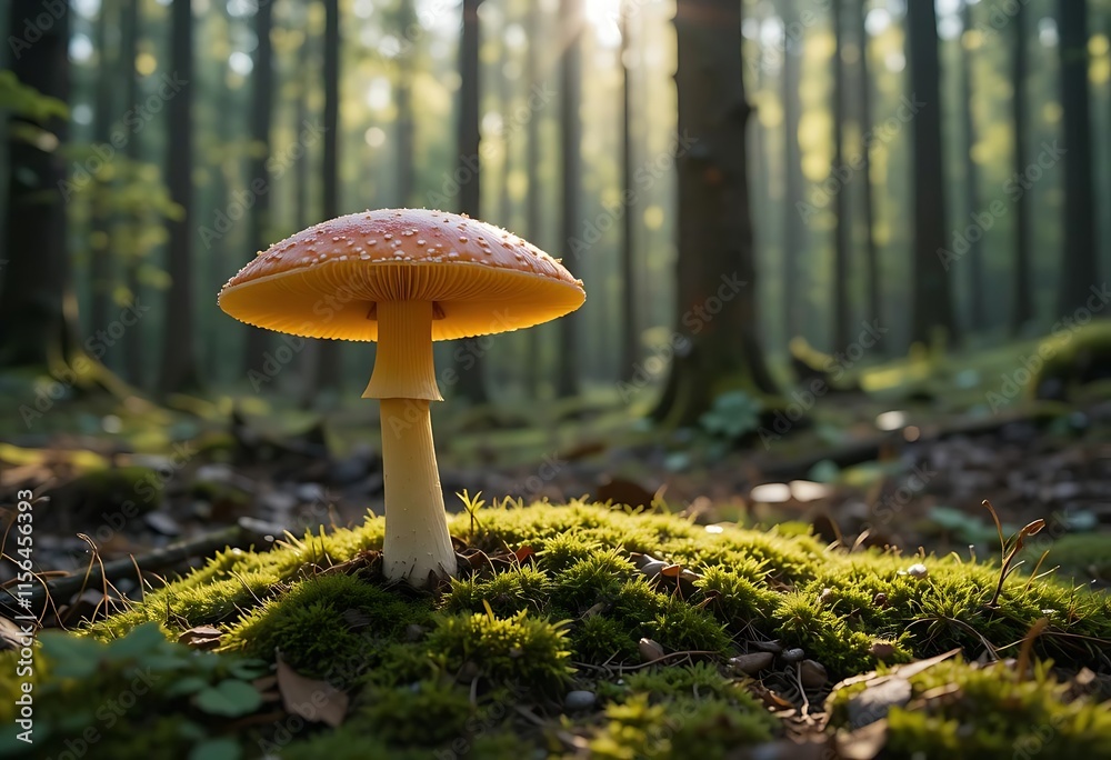 Fototapeta premium Forest Mushroom Growing In Mossy Sunlight
