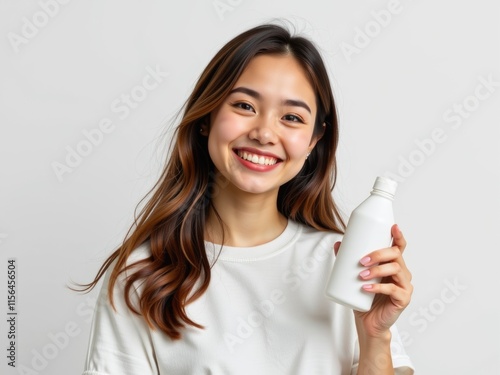 Happy Woman Holding Blank White Bottle Product Mockup Skincare Beverage