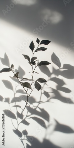A leaf casts a shadow on a white wall. The shadow is long and thin