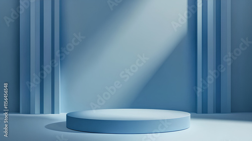 a minimalist, monochromatic scene with a single, circular platform positioned in the center of the frame. The platform is rendered in a soft, light blue hue, echoing the color of the surrounding walls