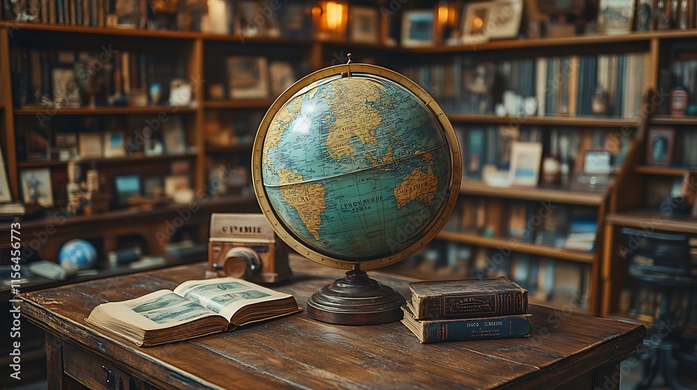 Antique Globe and Books on Wooden Table in Library Antique Globe and Books on Wooden Table in Library