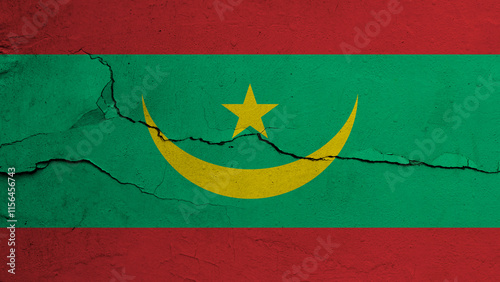 Mauritania flag on cracked wall background, flag with crack line photo