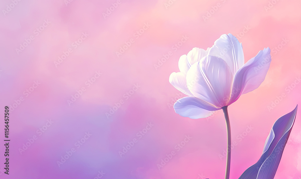 Obraz premium Beautiful white tulip in a soft pink and purple fog background. Photorealistic and detailed.