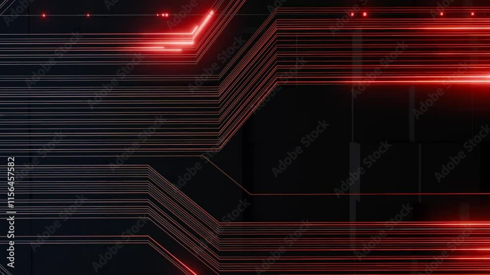 Futuristic glowing red lines forming dynamic circuit patterns on a dark background. Abstract technology and digital data flow concept. Design for banner, header, wallpaper, and poster vertical