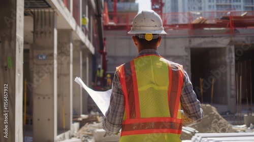 Rear view of engineer in hardhat and reflective vest at construction site photo