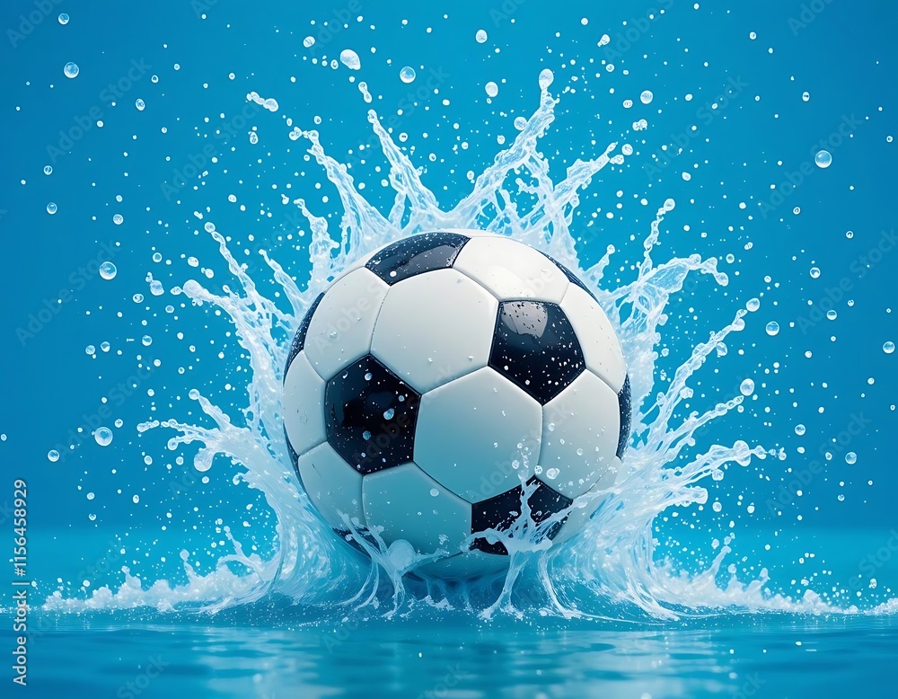Naklejka premium Soccer Ball Splashing Into Blue Water